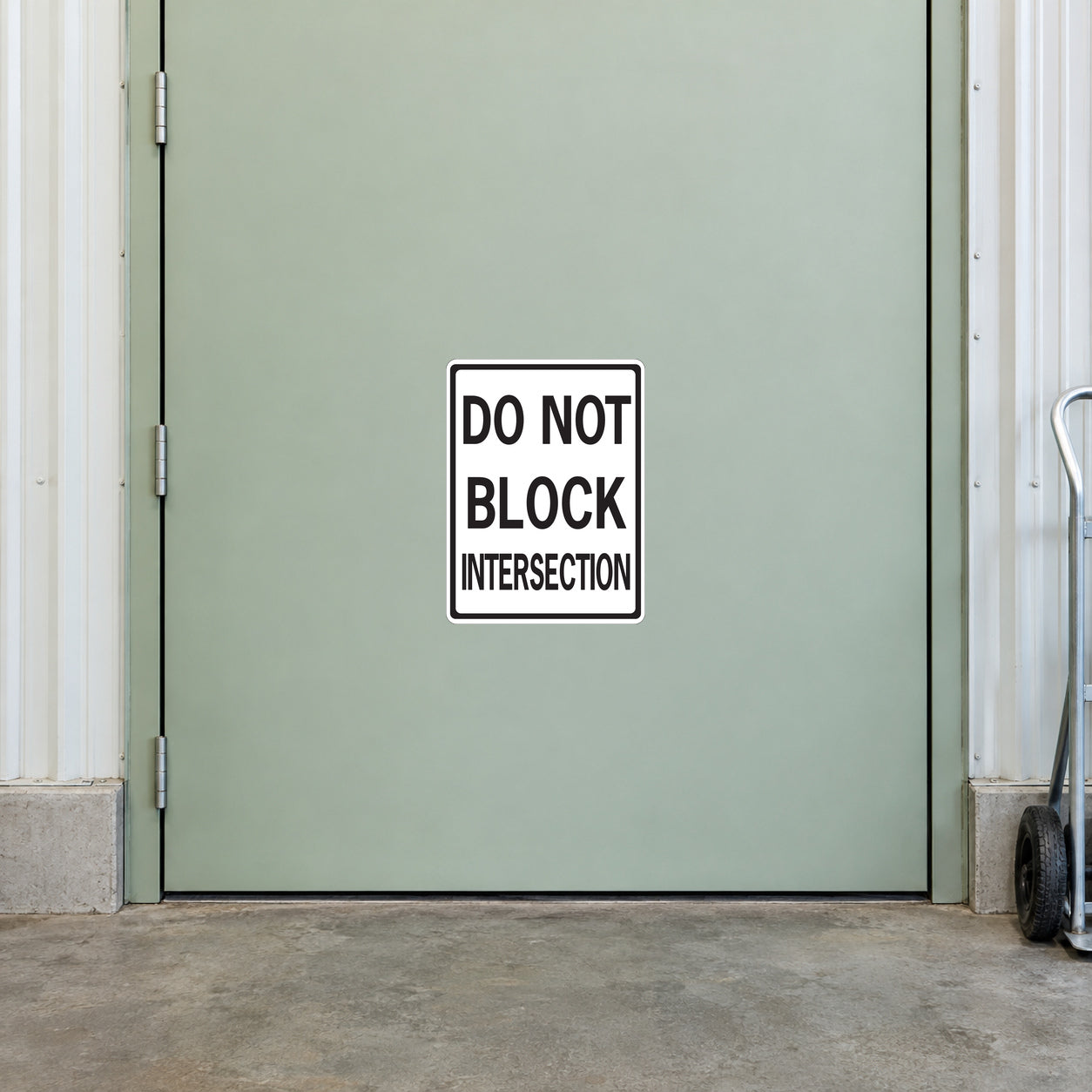 Road sign sticker: 'DO NOT BLOCK INTERSECTION' warning