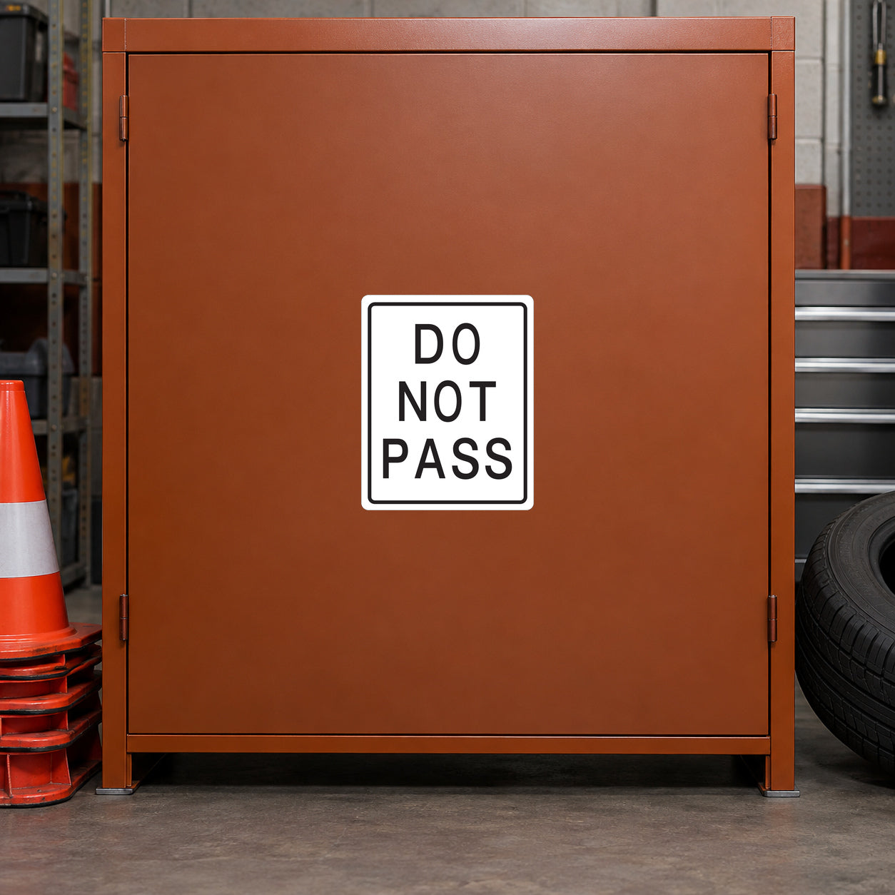 Road Sign Sticker applied in A rust coloured private driving school garage cabinet with cones extreme left and tyre low right, blank smooth single front