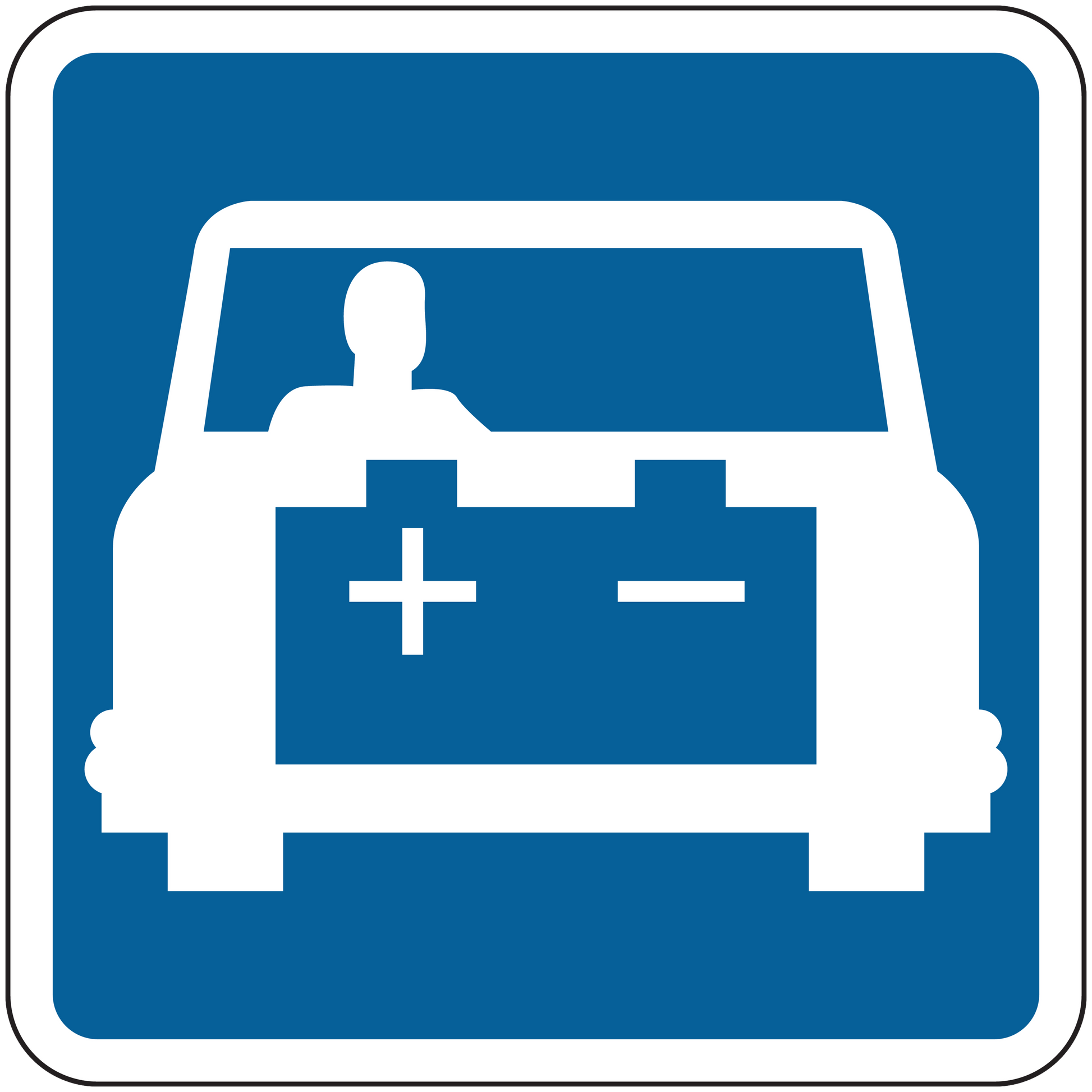 Blue road sign sticker with white car icon and medical cross/minus symbols