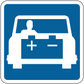 Blue road sign sticker with white car icon and medical cross/minus symbols