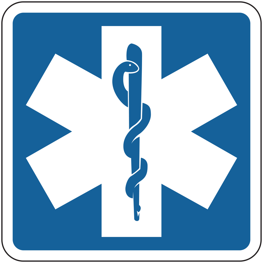 Road sign sticker: blue square with white Star of Life medical emblem