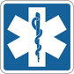 Road sign sticker: blue square with white Star of Life medical emblem
