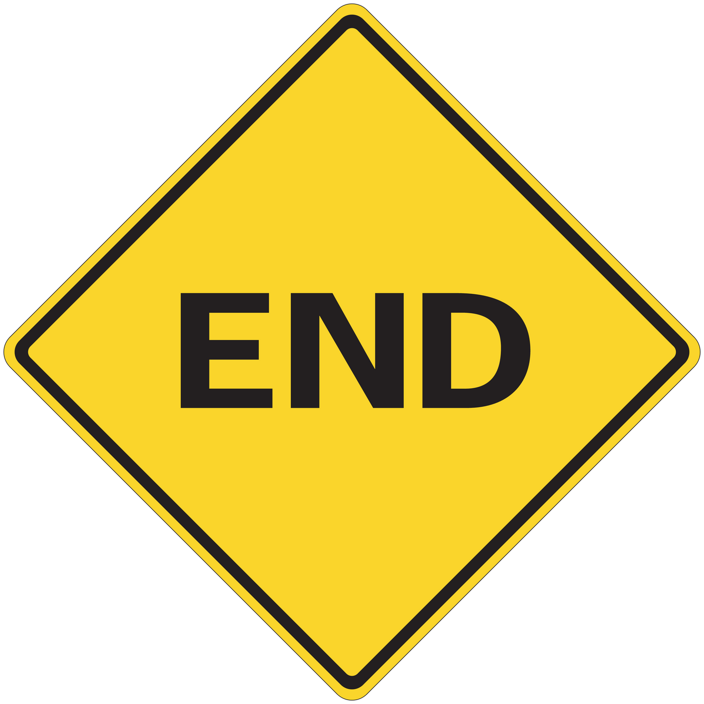 Yellow road sign sticker with black border and “END” text