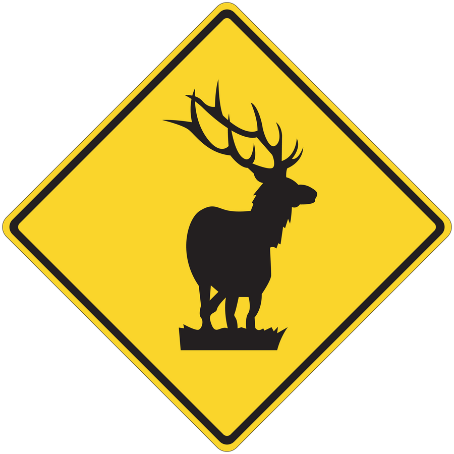 Yellow road sign sticker with black deer silhouette in diamond border