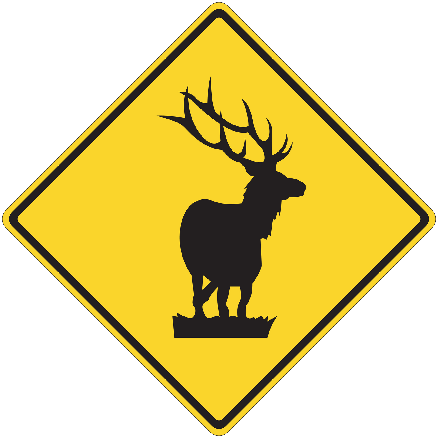 Yellow road sign sticker with black deer silhouette in diamond border