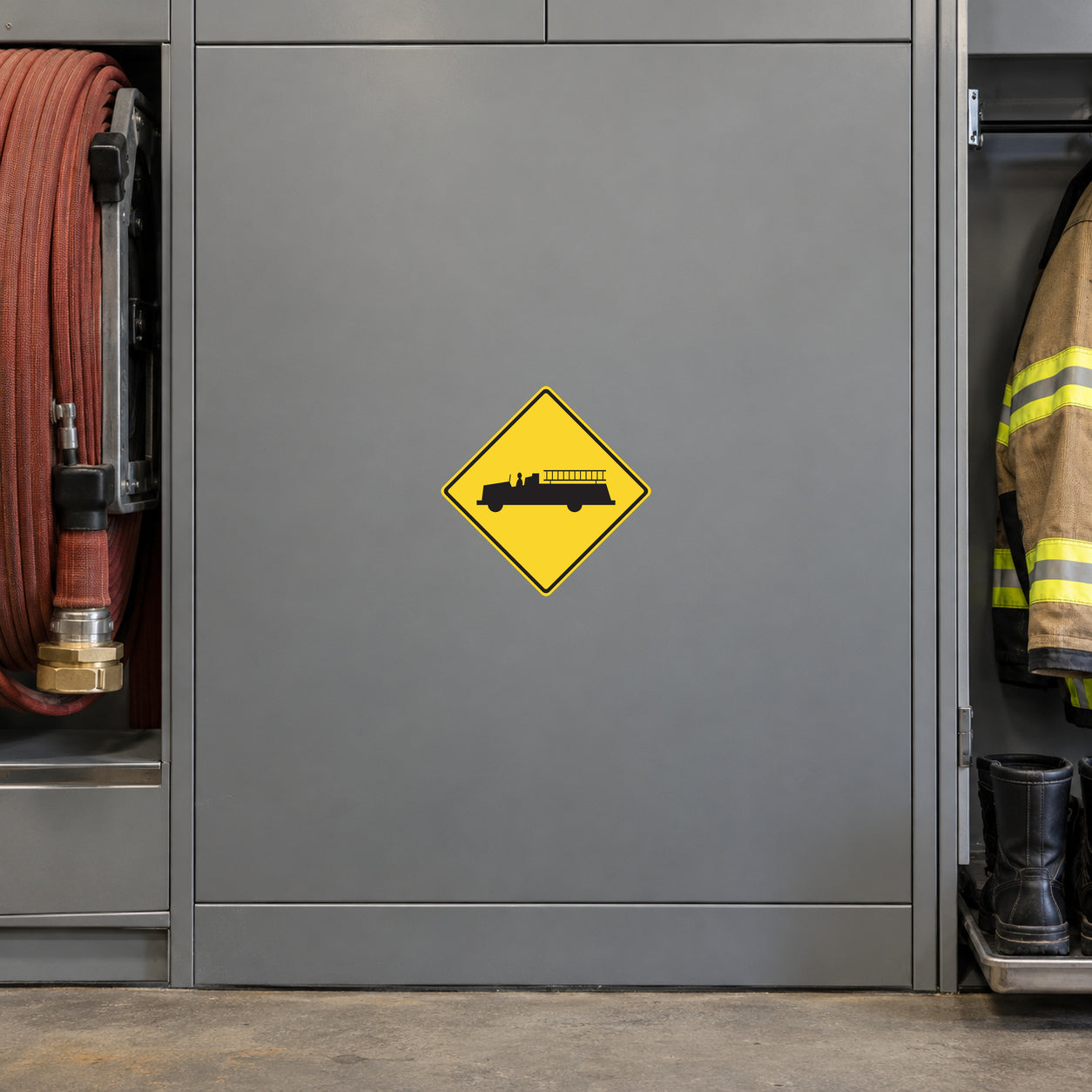 Road Sign Sticker applied in A muted grey firehouse equipment room smooth cupboard with fire hose coil extreme left and boot tray low right, blank front