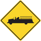Yellow diamond road sign sticker with black construction vehicle silhouette and barricade