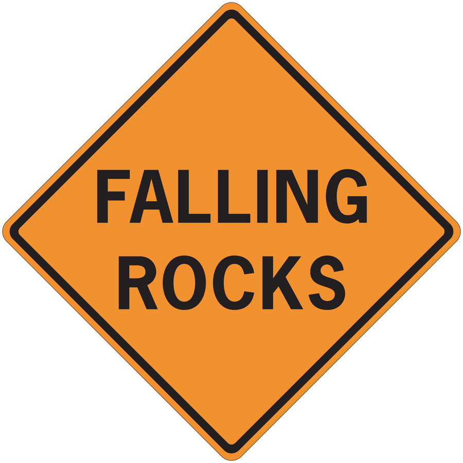 Road sign sticker, orange diamond with black border and 'FALLING ROCKS' text