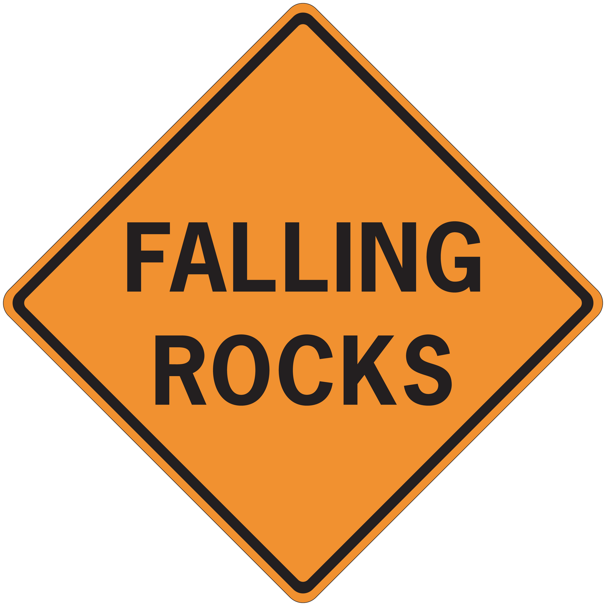 Road sign sticker, orange diamond with black border and 'FALLING ROCKS' text