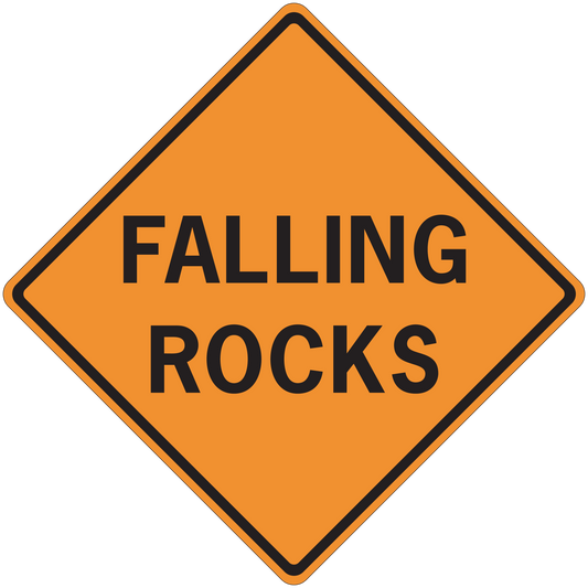 Road sign sticker, orange diamond with black border and 'FALLING ROCKS' text