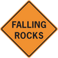 Road sign sticker, orange diamond with black border and 'FALLING ROCKS' text