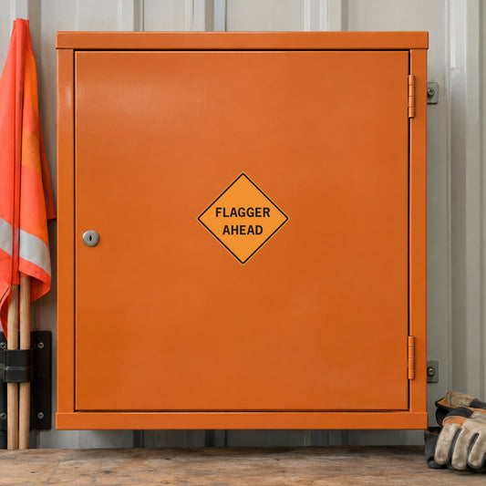 Road Sign Sticker applied in A muted orange road worker equipment locker with folded flag extreme left and gloves below right, smooth blank single door