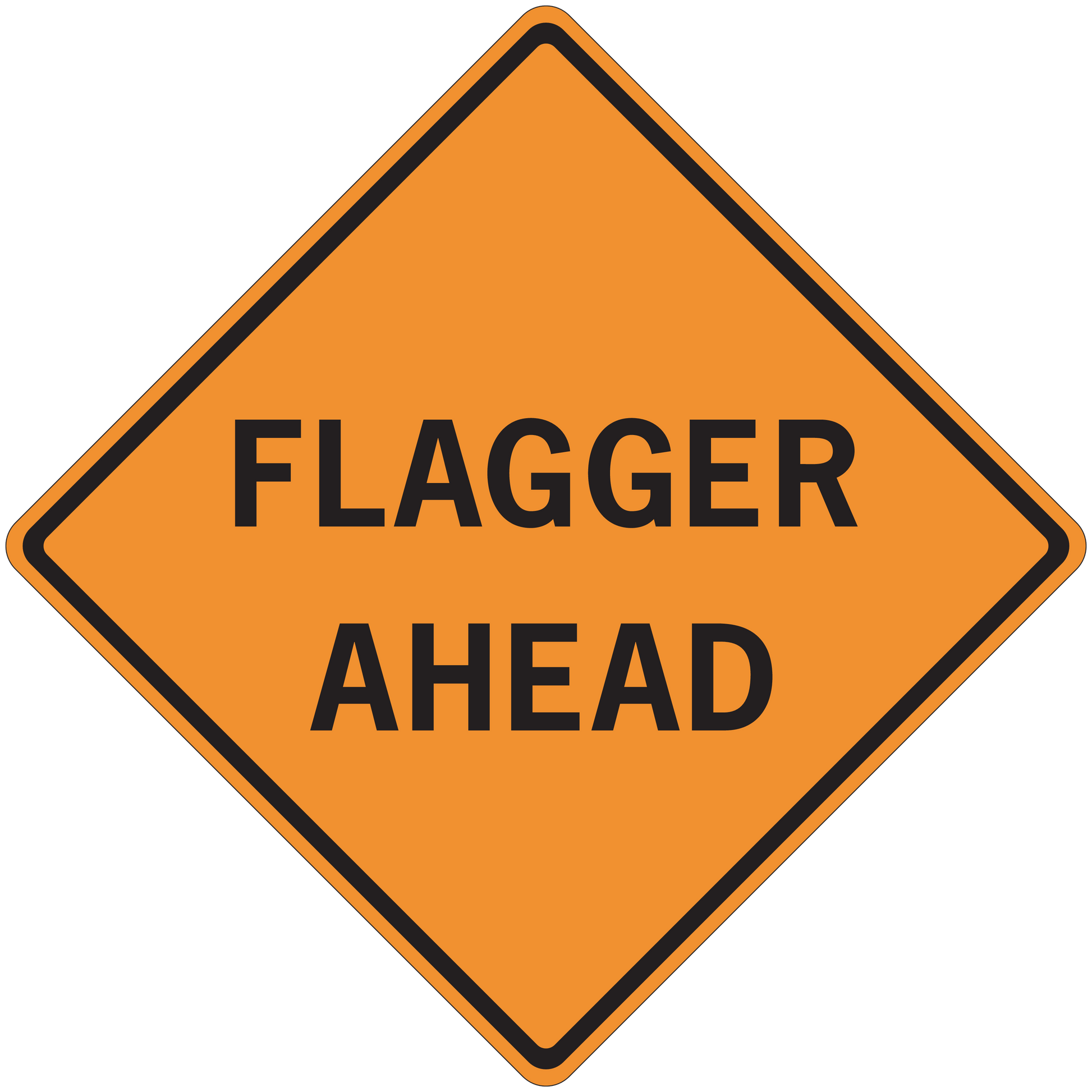 Orange road sign sticker with black border reading FLAGGER AHEAD