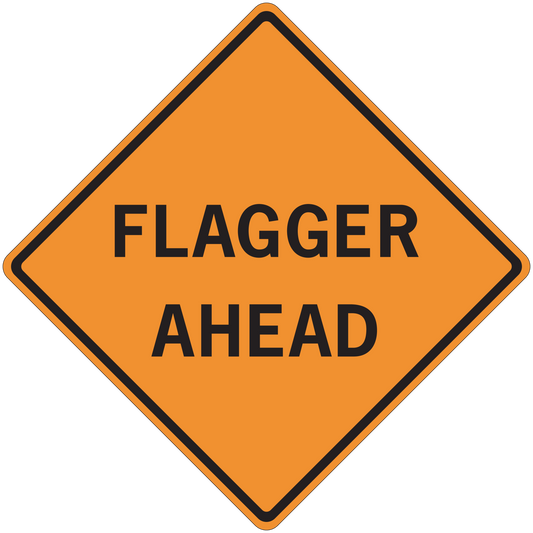 Orange road sign sticker with black border reading FLAGGER AHEAD