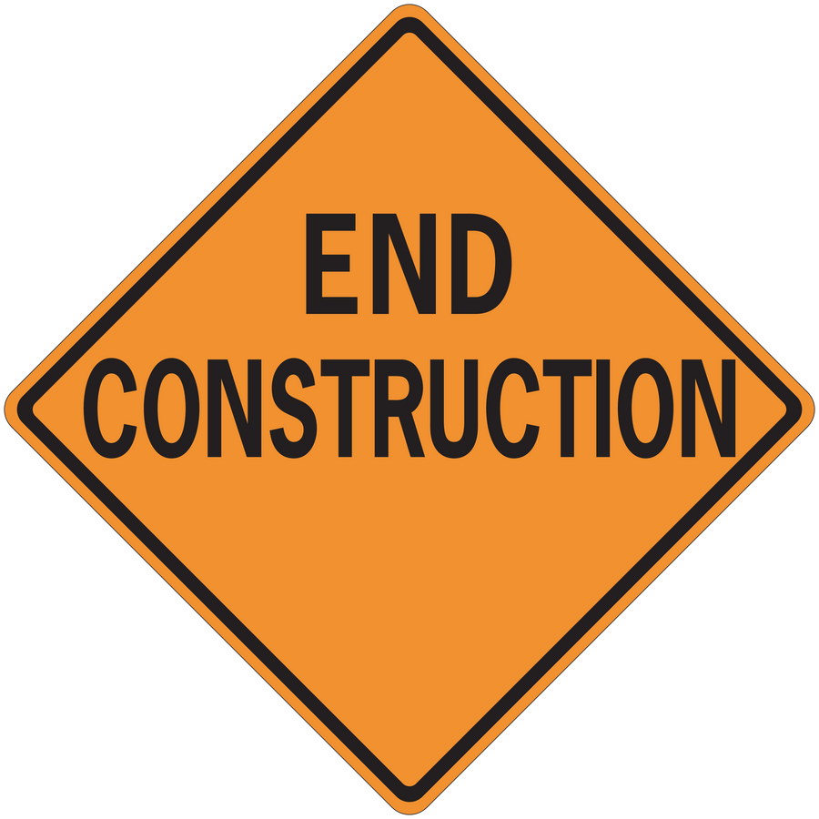 Road sign sticker: orange diamond with END CONSTRUCTION text, black border