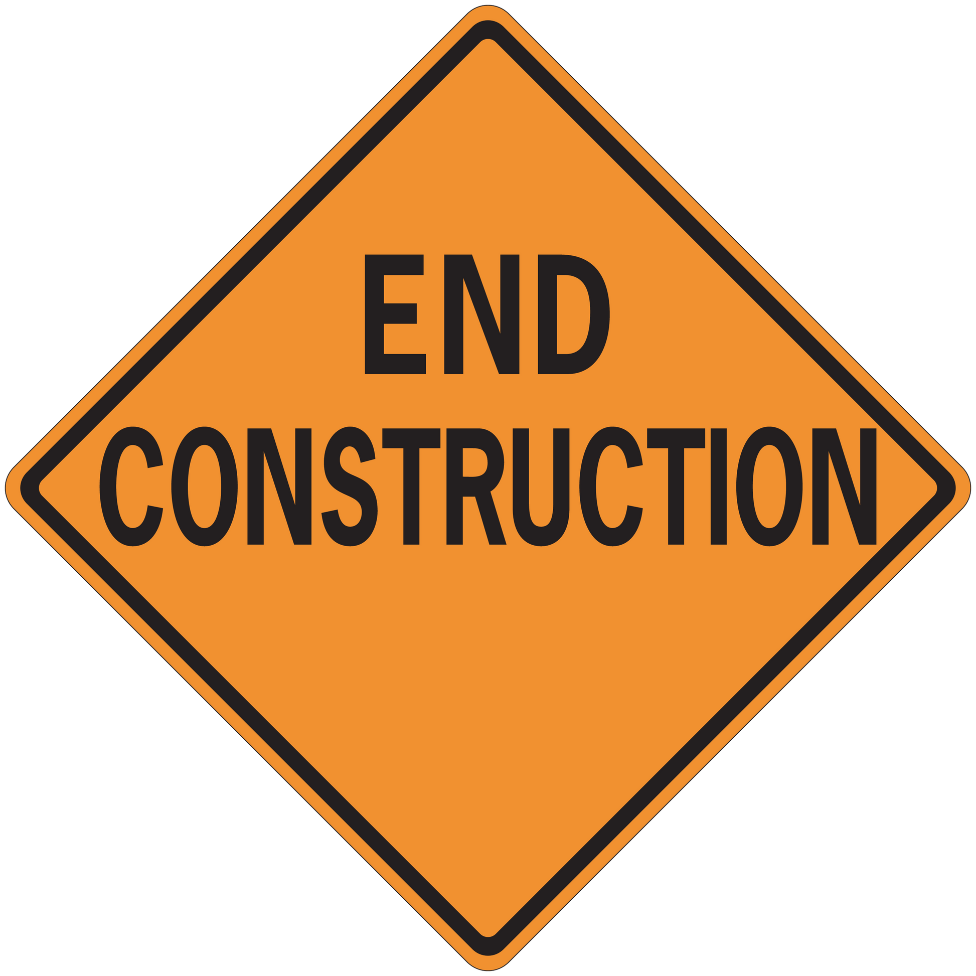 Road sign sticker: orange diamond with END CONSTRUCTION text, black border