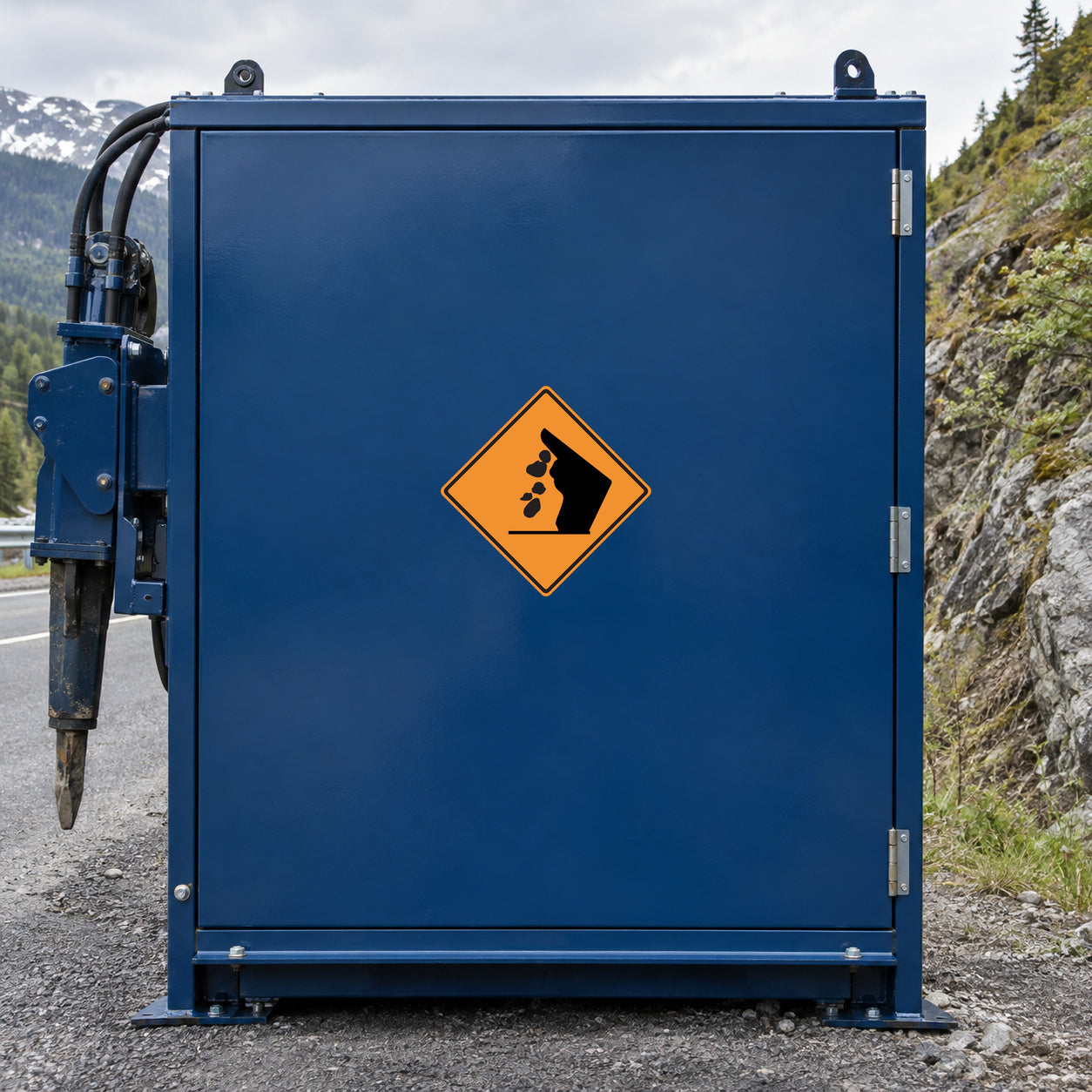 Orange diamond hazard road sign sticker with black icon