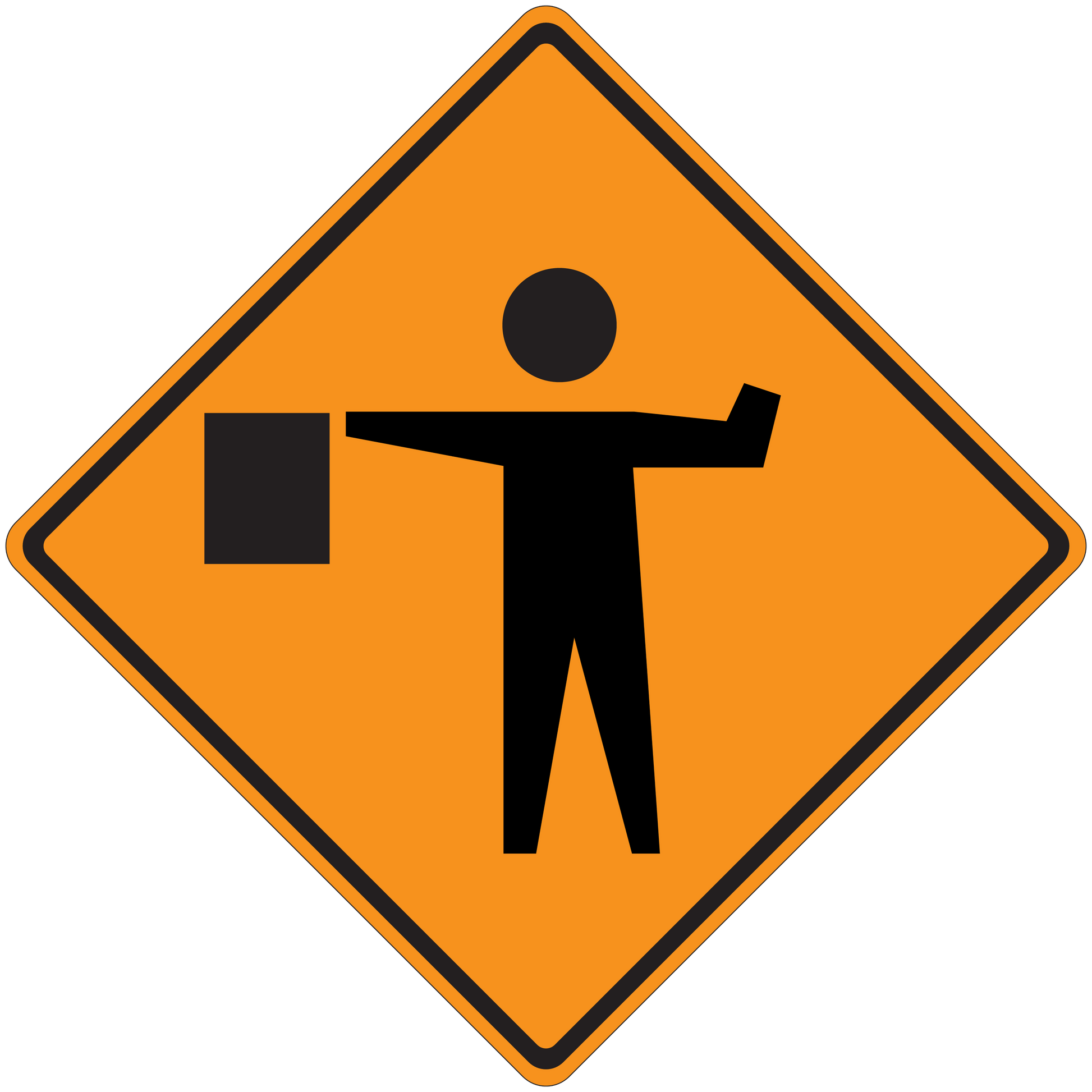 Road sign sticker with orange diamond and black pedestrian crossing icon