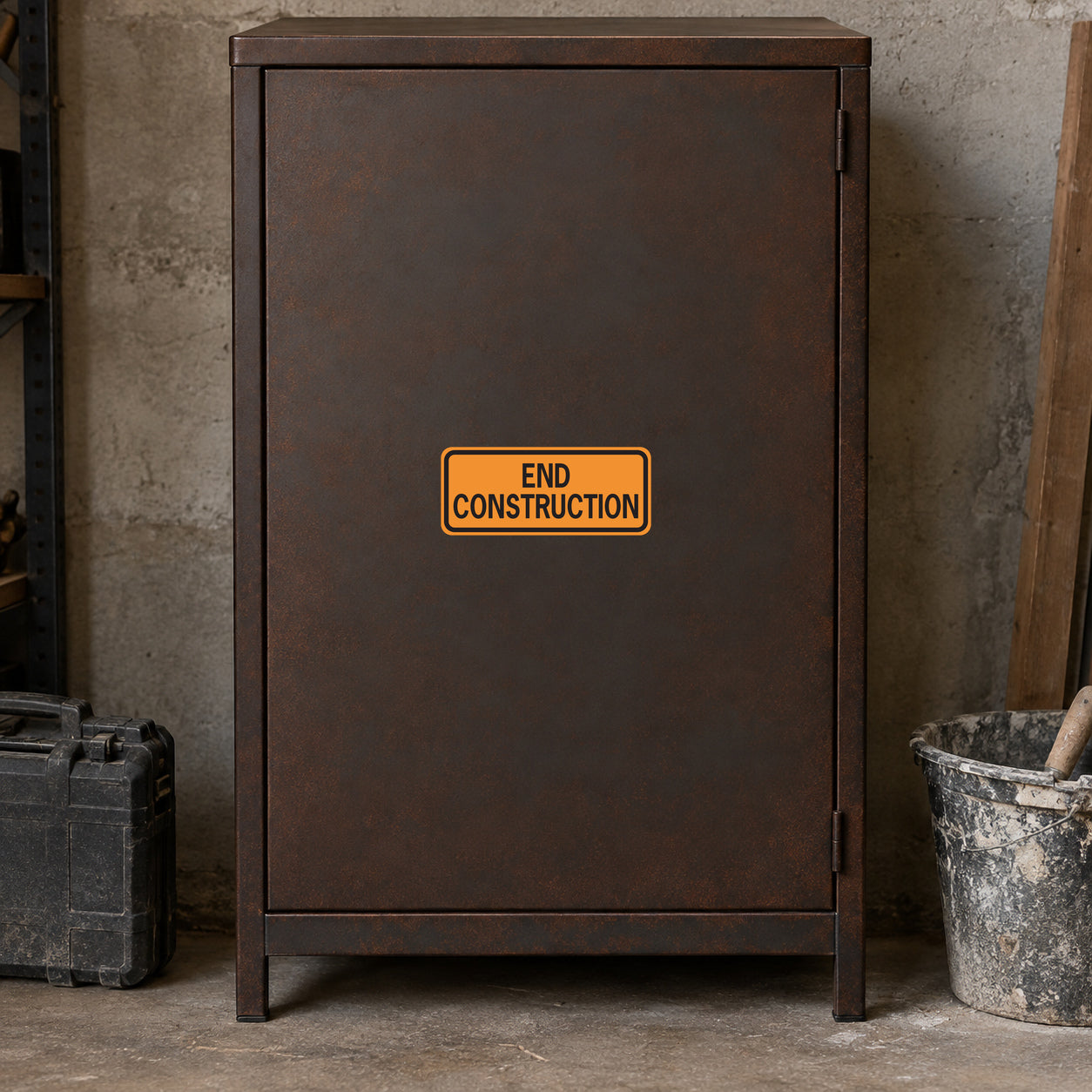 Road Sign Sticker applied in A dark rust contractor workshop utility cabinet beside closed drill case far left and mortar bucket low right, blank smooth single door