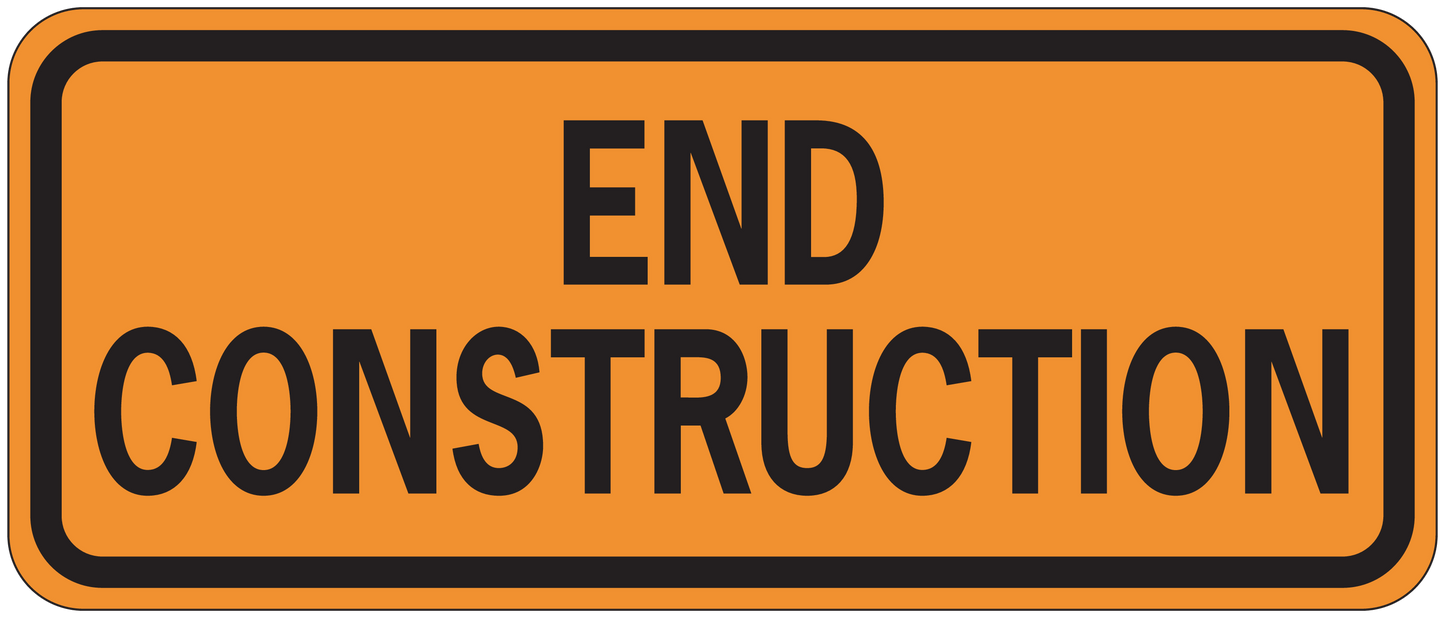 Road sign sticker: orange END CONSTRUCTION sign with black border