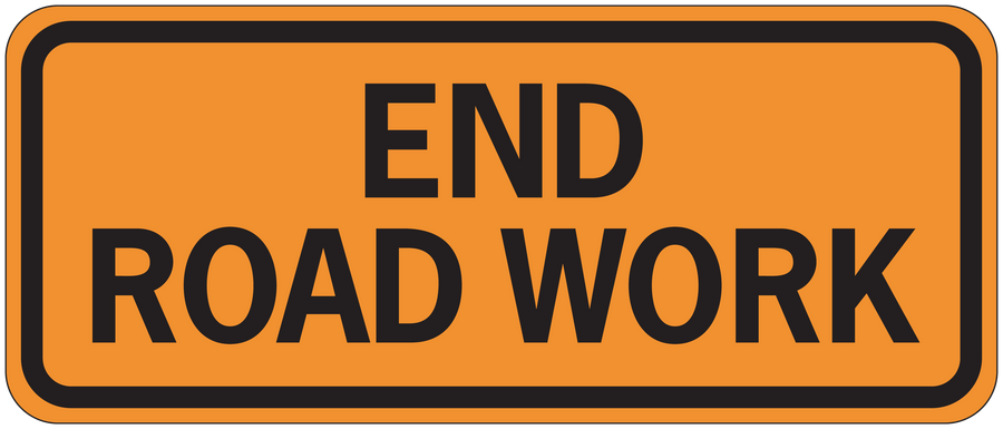 Road sign sticker with black END ROAD WORK text on orange background, rounded border