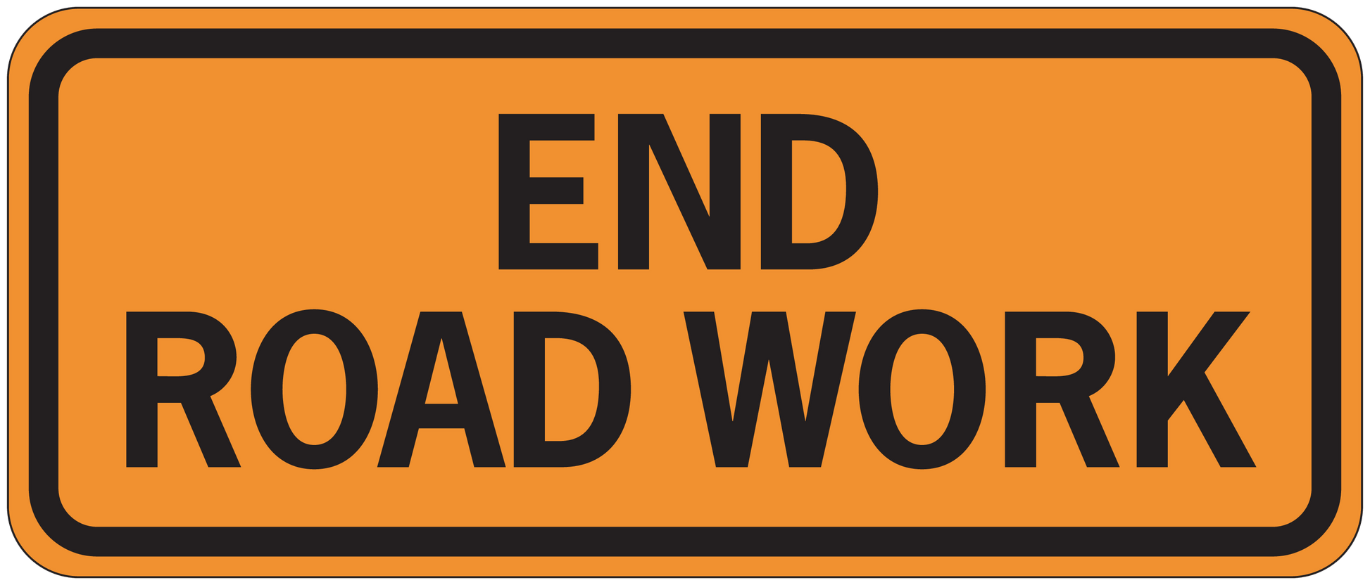 Road sign sticker with black END ROAD WORK text on orange background, rounded border