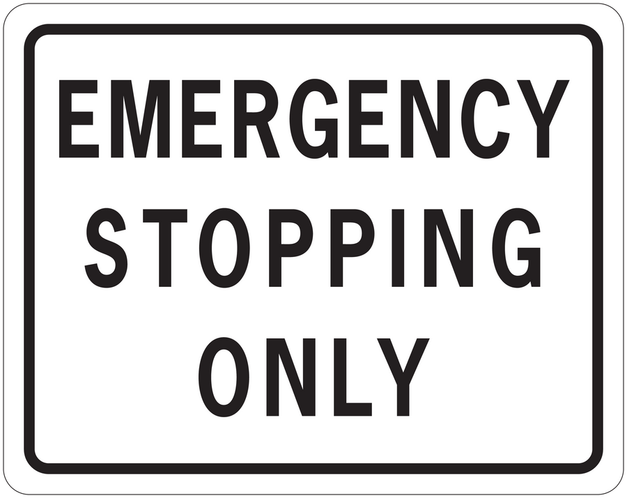 Emergency stopping only road sign sticker, white with black text