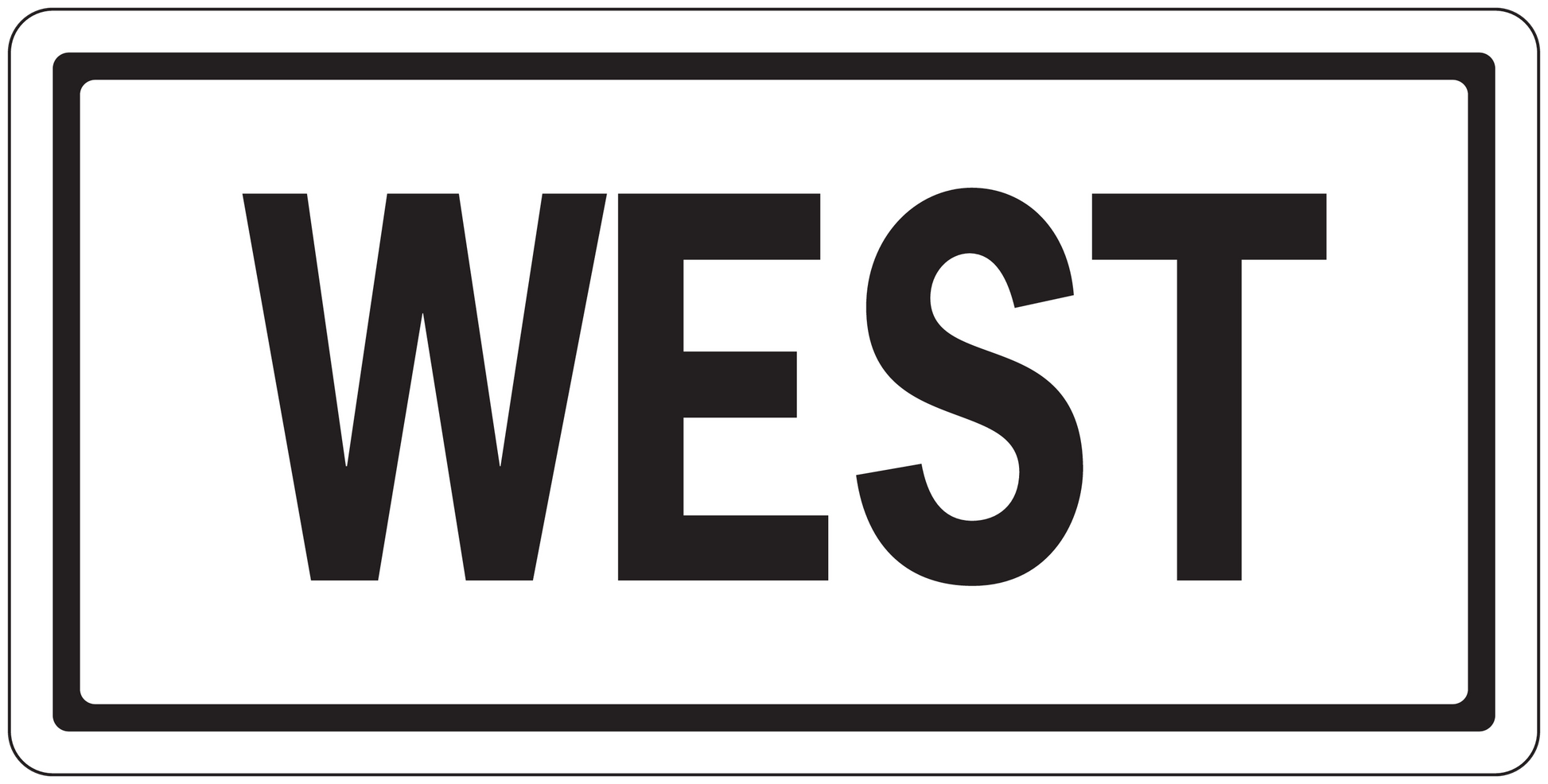 Road sign sticker with black 'WEST' text on white background and outlined border