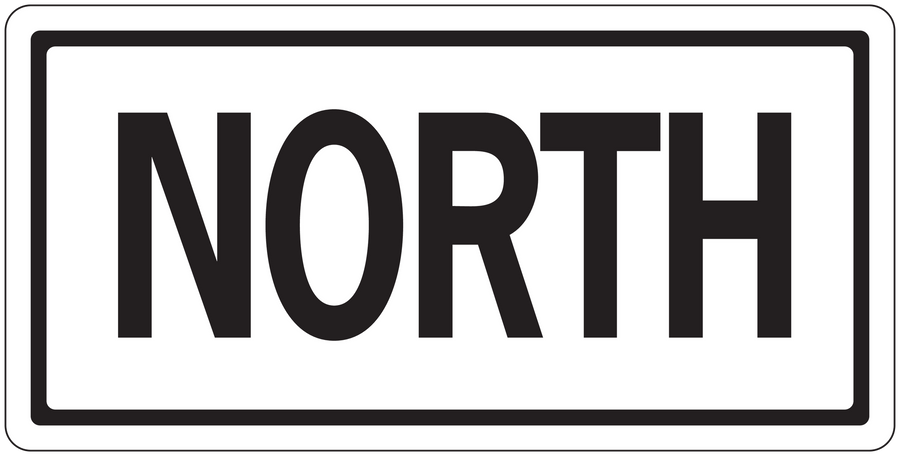 Rectangular road sign sticker with black 'NORTH' text and thin white border