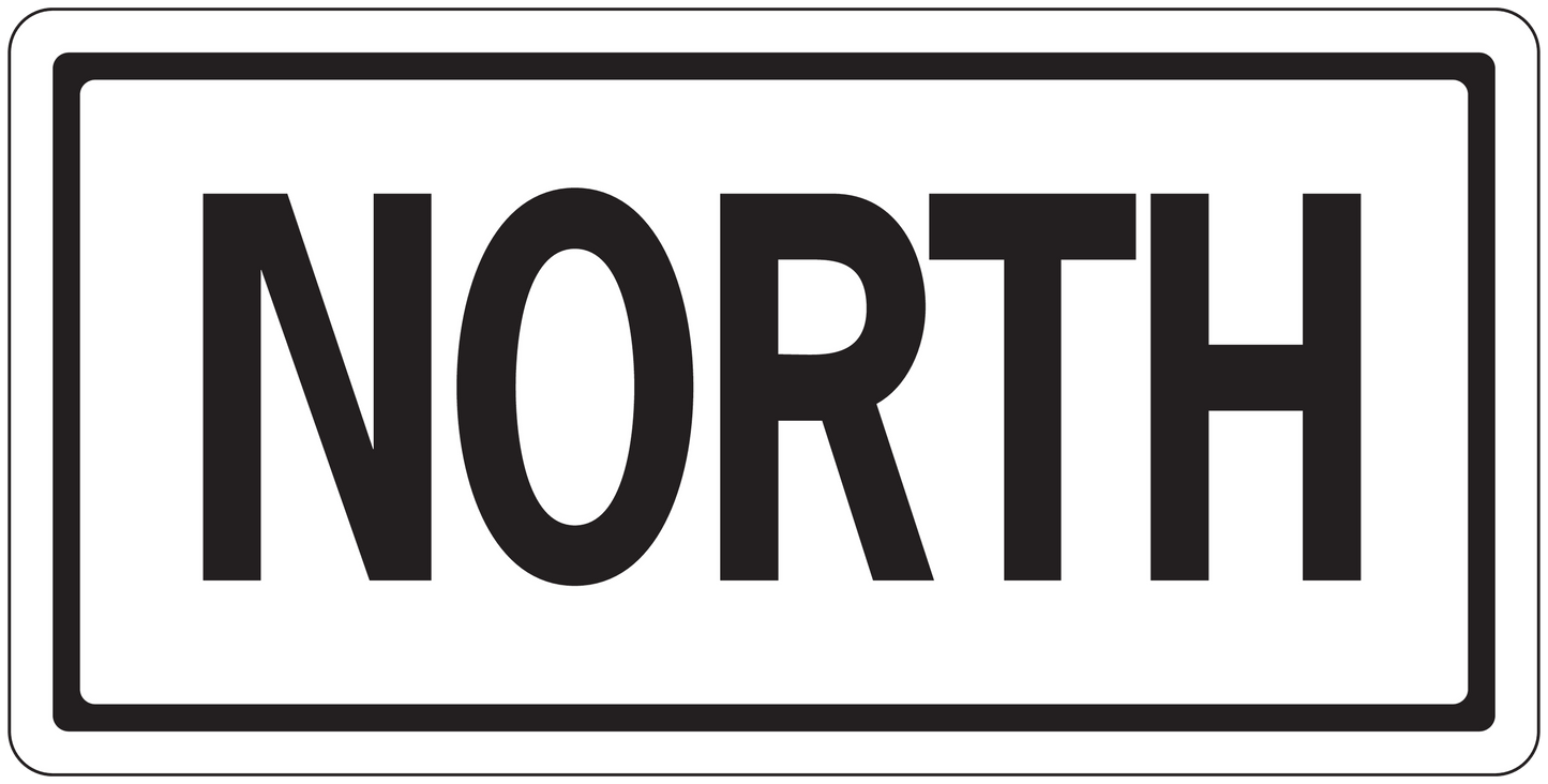 Rectangular road sign sticker with black 'NORTH' text and thin white border