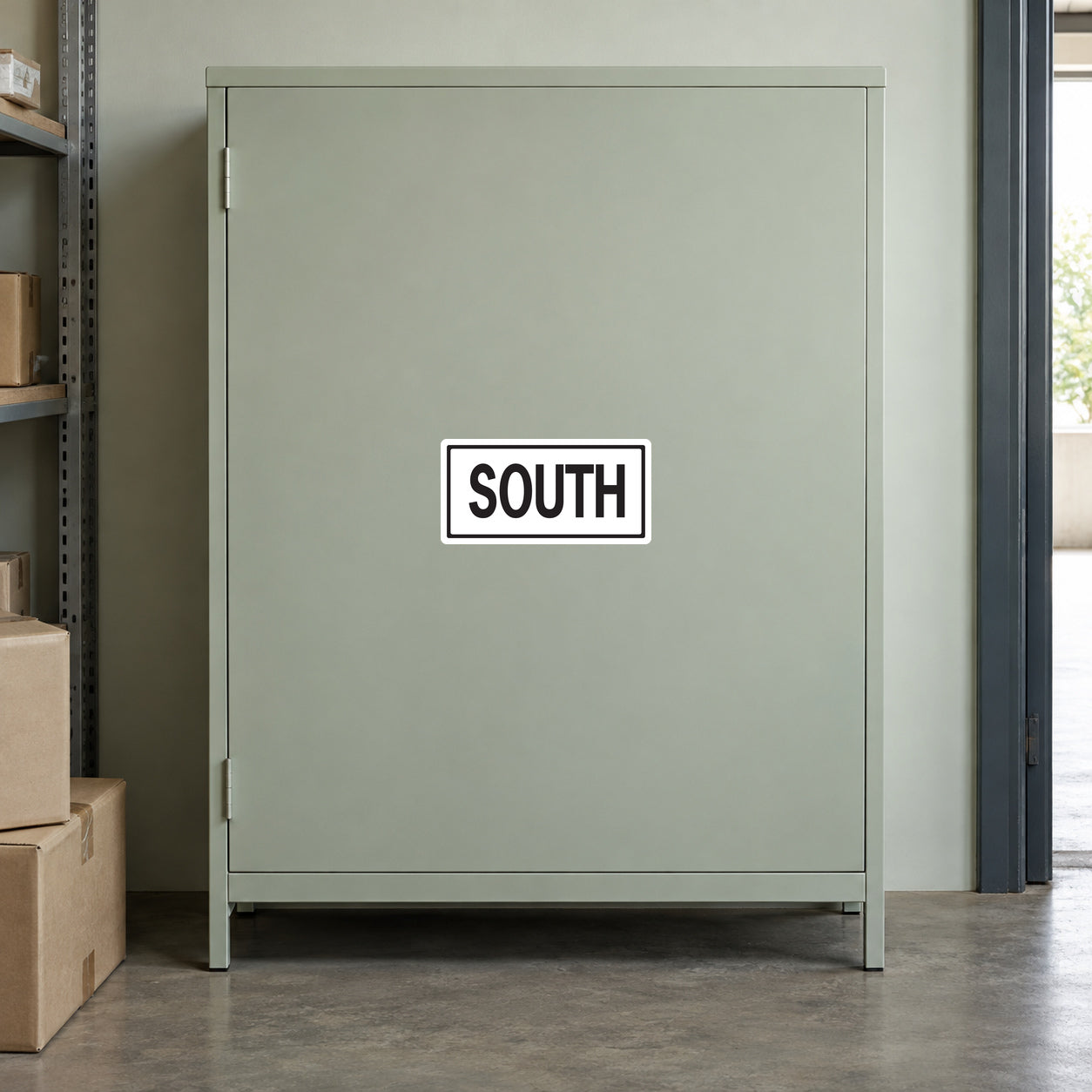 Road Sign Sticker applied in A pale sage commercial loading room smooth cabinet with sealed cartons low left and doorway extreme right, blank single front