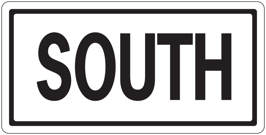 Road sign sticker with bold 'SOUTH' text on a white background