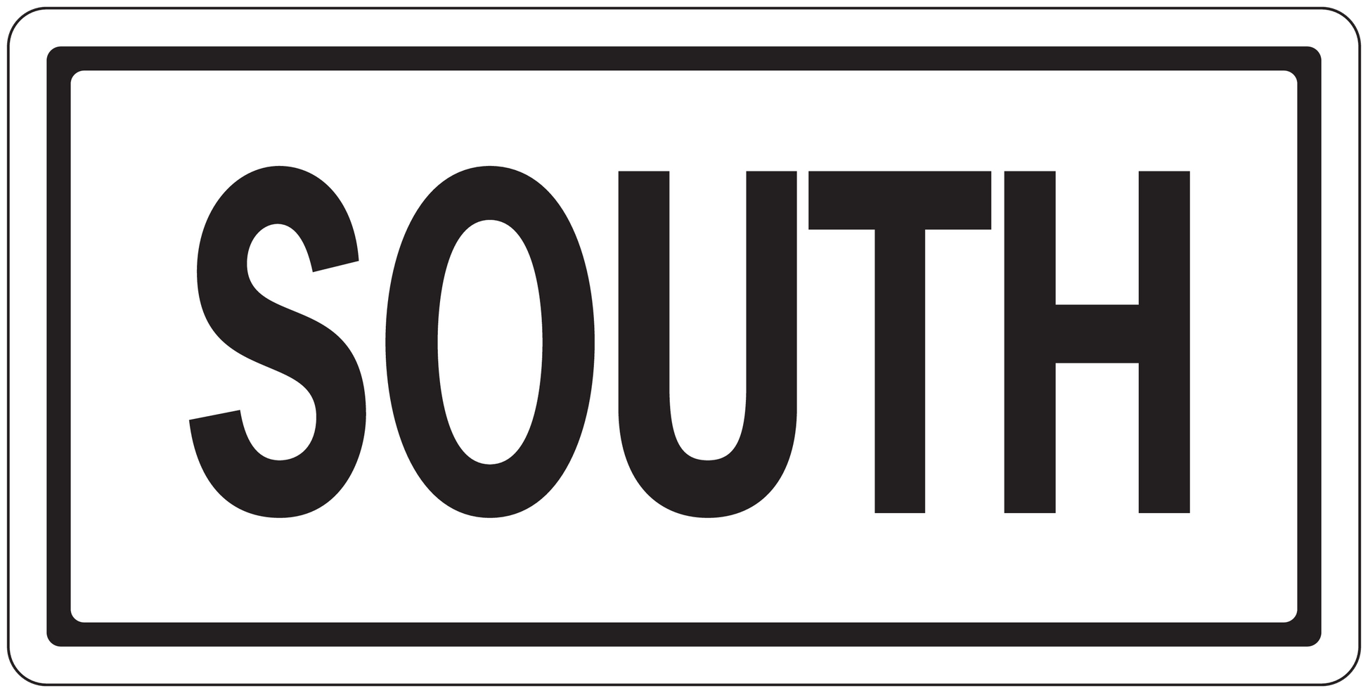 Road sign sticker with bold 'SOUTH' text on a white background