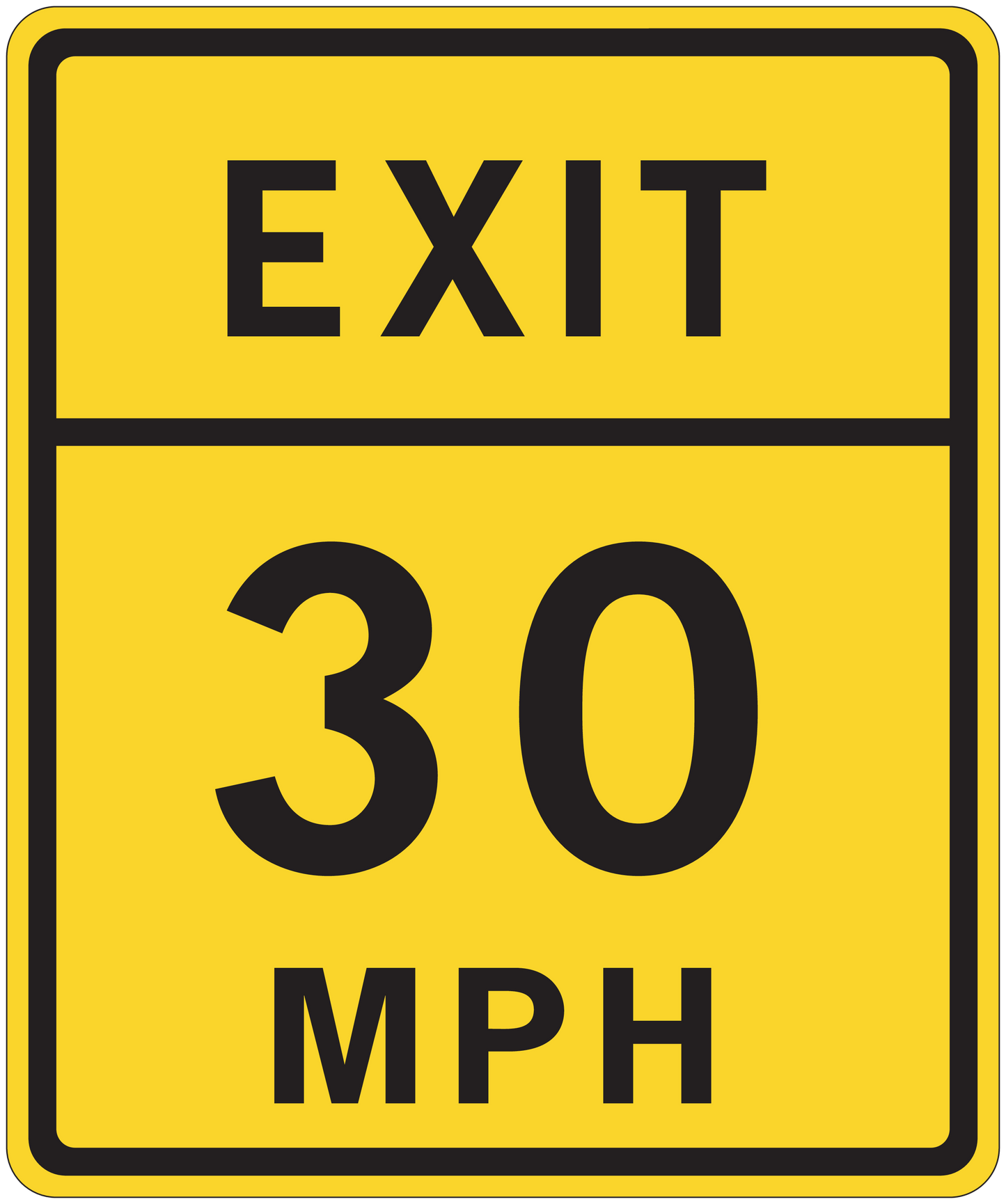 Exit 30 MPH road sign sticker with black text on yellow background