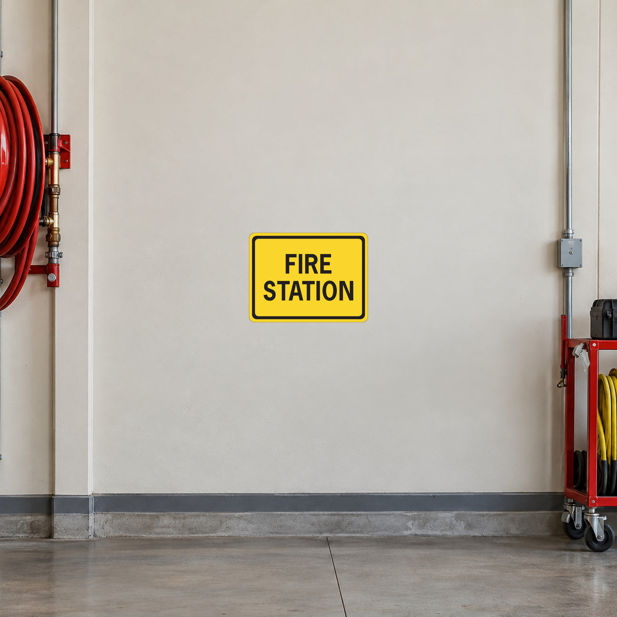 Road Sign Sticker applied in A cream fire station vehicle bay wall with red hose coil far left and equipment trolley low right, blank smooth center