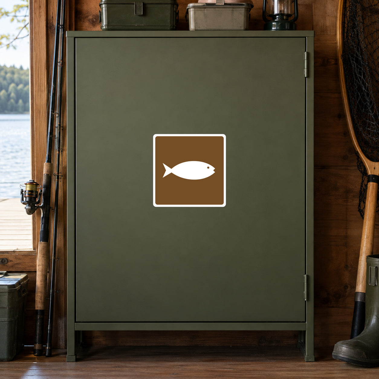Road Sign Sticker applied in A moss green lakeside tackle room cupboard with fishing reel edge left and landing net extreme right, blank smooth single door