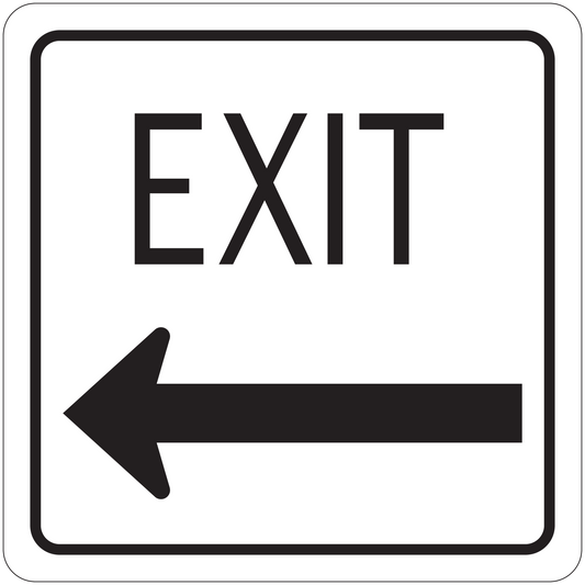 Road sign EXIT sticker with left arrow, black text and border on white background