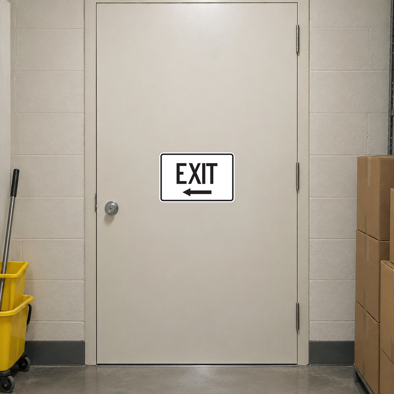 Road Sign Sticker applied in A cream commercial store back corridor smooth door with carton stack extreme right and mop bucket far left, central blank single surface