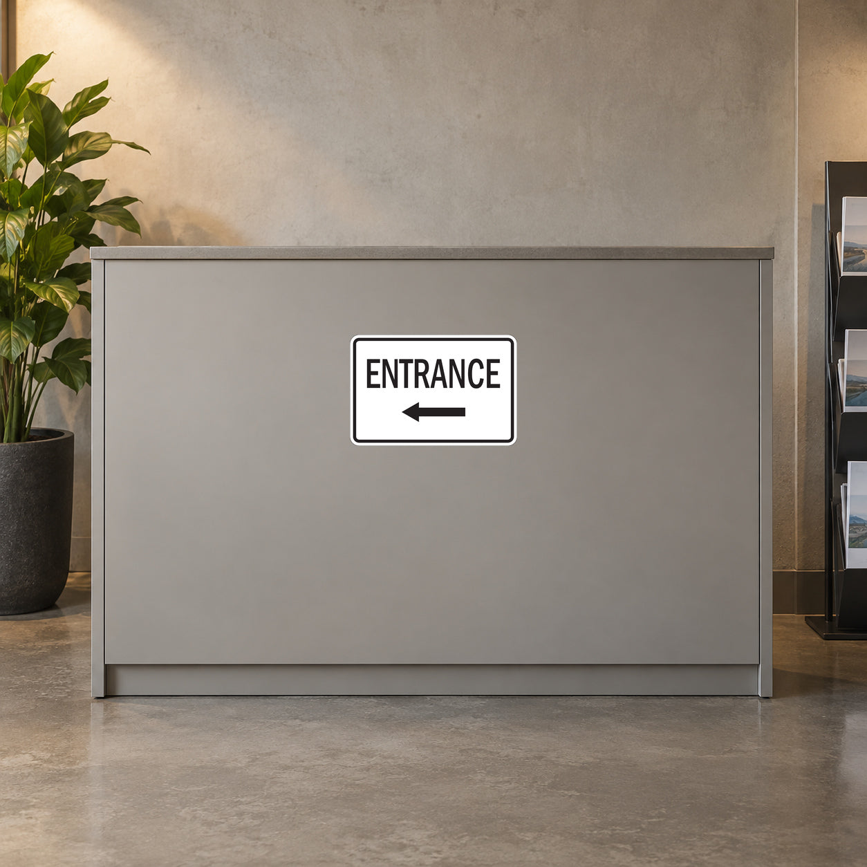 Entrance road sign sticker, black text and arrow on white background