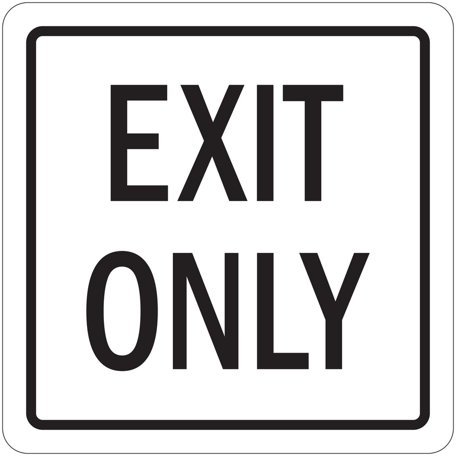 Exit Only road sign sticker, white square with black border and text