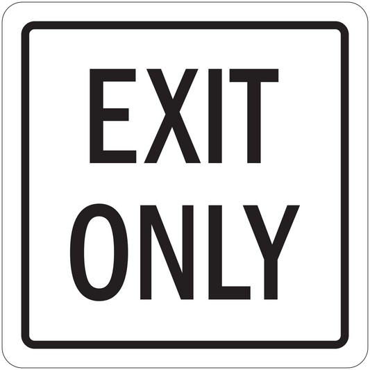 Exit Only road sign sticker, white square with black border and text