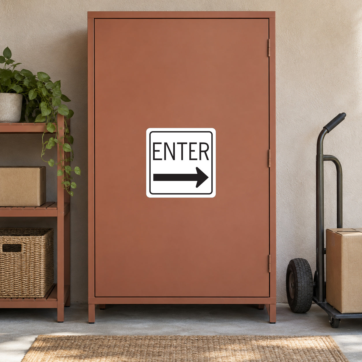 Road sign style sticker with “ENTER” text and right arrow on a bordered white label