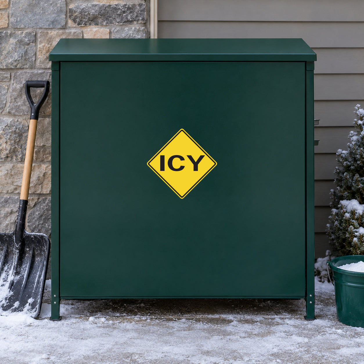 Road sign sticker with yellow ICY diamond on dark green background