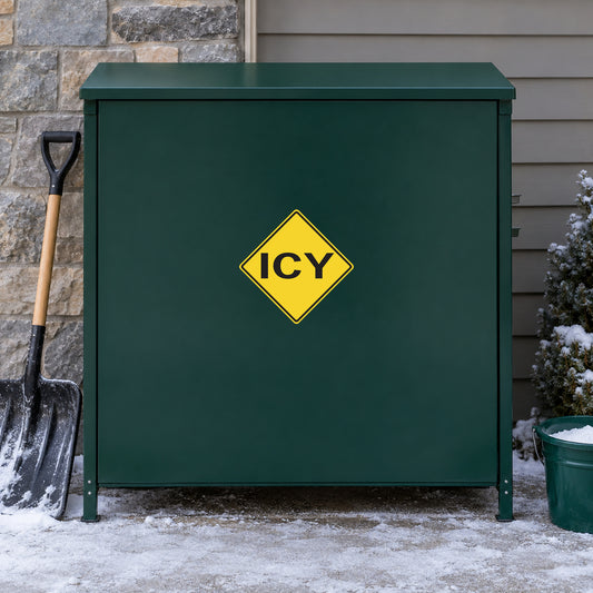 Road sign sticker with yellow ICY diamond on dark green background
