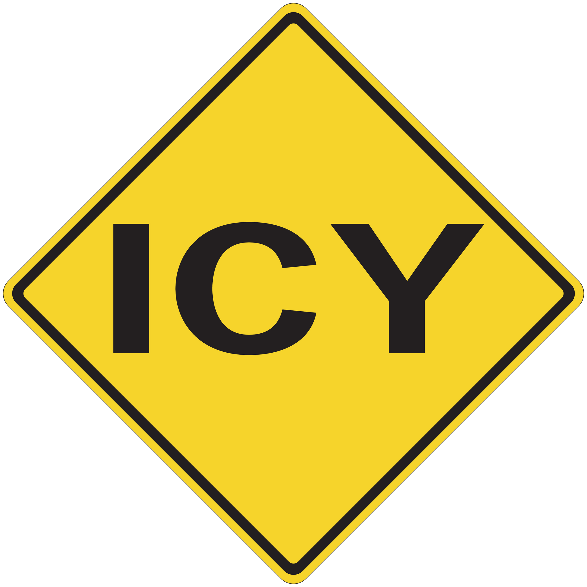 Road sign sticker: yellow diamond with black border and 'ICY' text