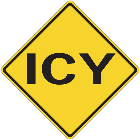 Road sign sticker: yellow diamond with black border and 'ICY' text