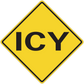 Road sign sticker: yellow diamond with black border and 'ICY' text