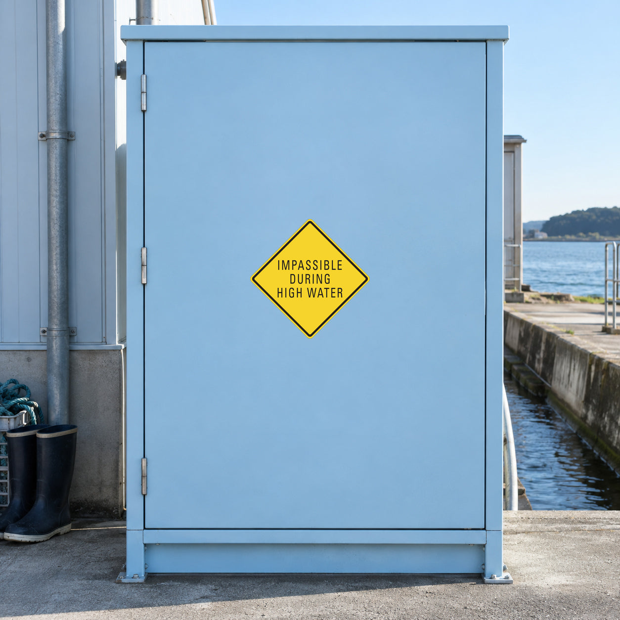 Road Sign Sticker applied in A pale blue waterside service depot cabinet with rubber boots low left and drainage ditch far right, broad blank smooth door
