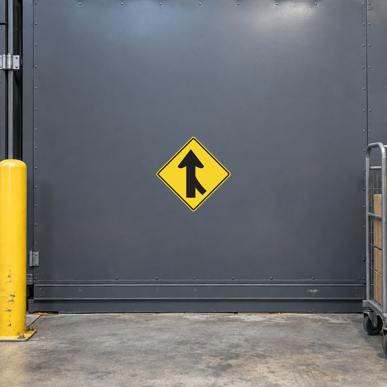 Road sign sticker with yellow diamond and black up-arrow symbol