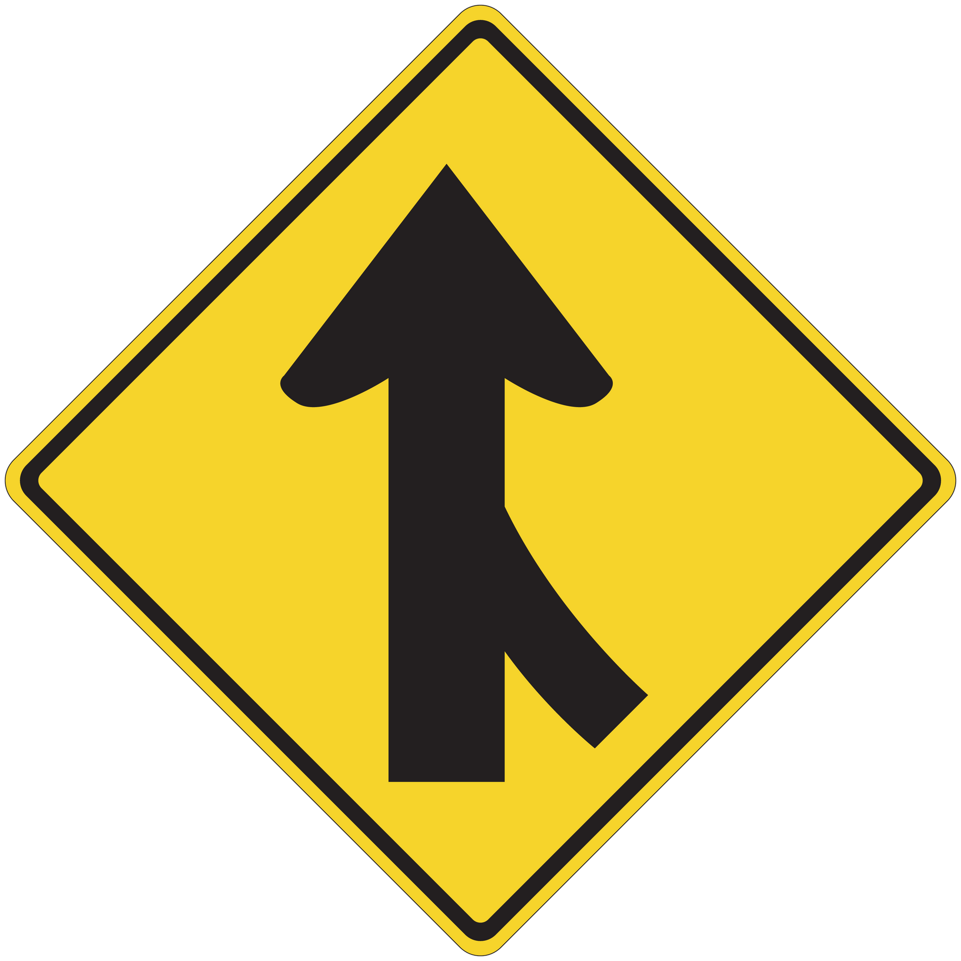 Yellow road sign sticker with black upward arrow in a diamond